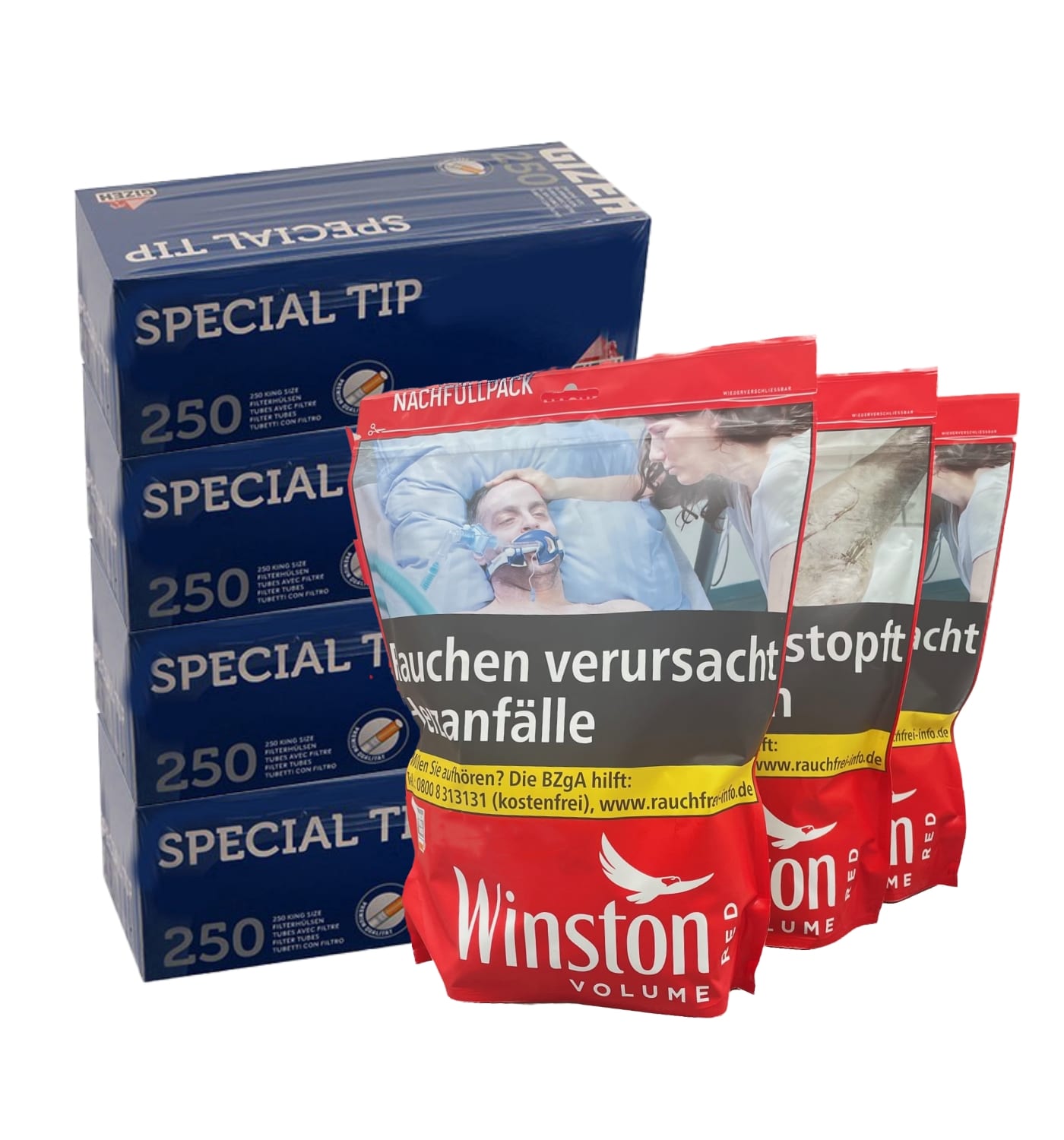 3 x Beutel Winston Red à 195 Gramm & 1.000 Special Tip Hülsen Blau SW14619
