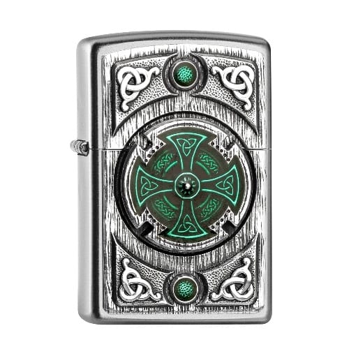 Feuerzeug Zippo Celtic Green Cross aus Chrom satiniert in silber seidenmatt grün mit Emblem 84642