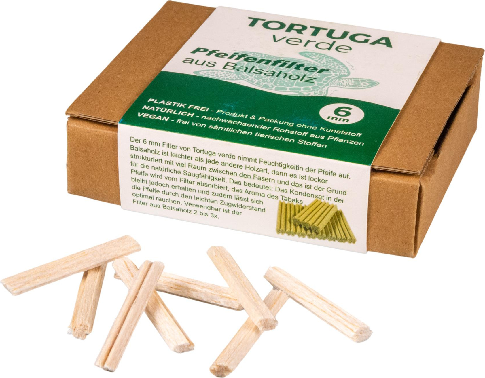 Tortuga verde Pfeifenfilter aus Balsa 6mm, Inh. 68 Fil. 101622