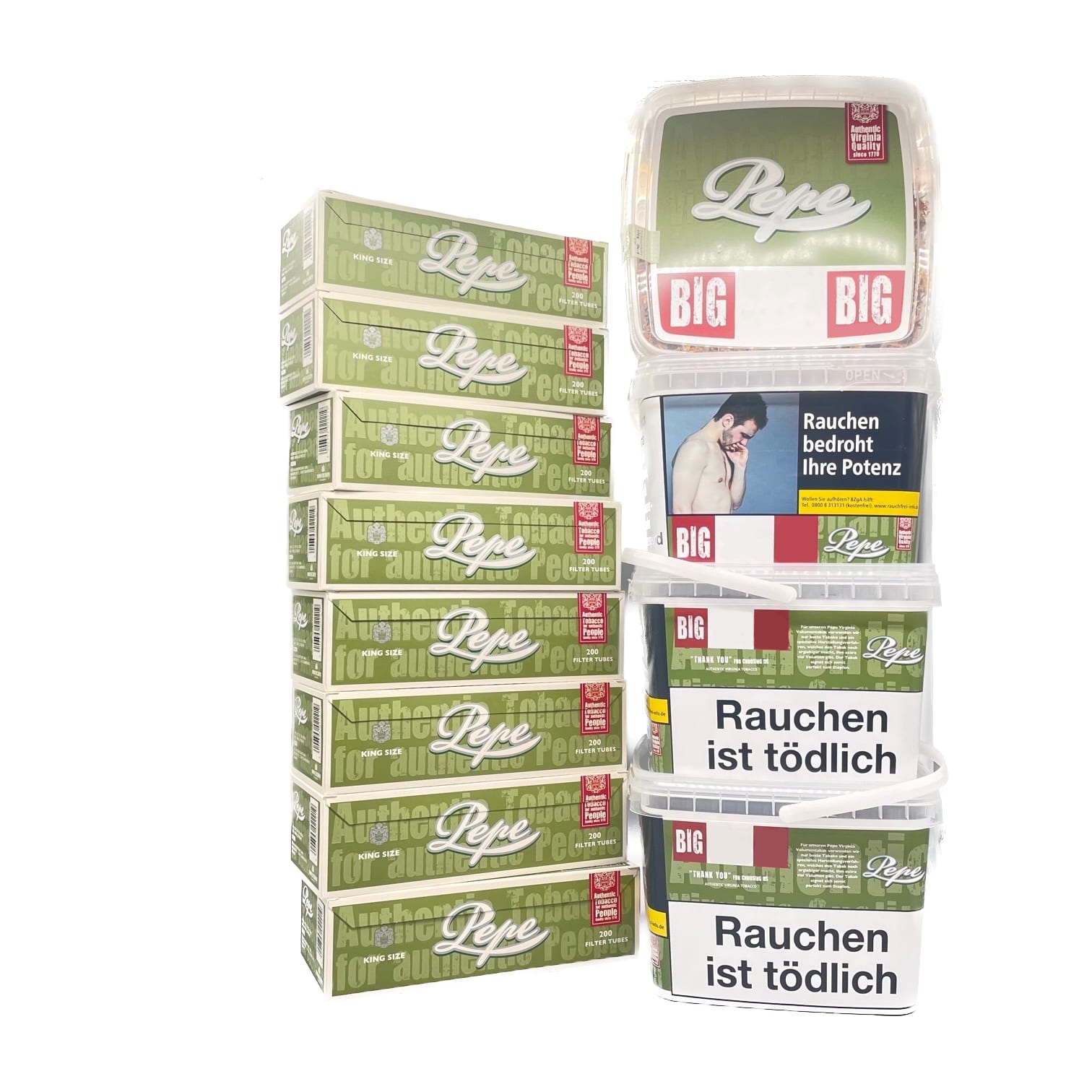 4 x Pepe Rich Volumen Tabak Eimer 170 Gramm & 8 x Schachteln Pepe Hülsen SW15721