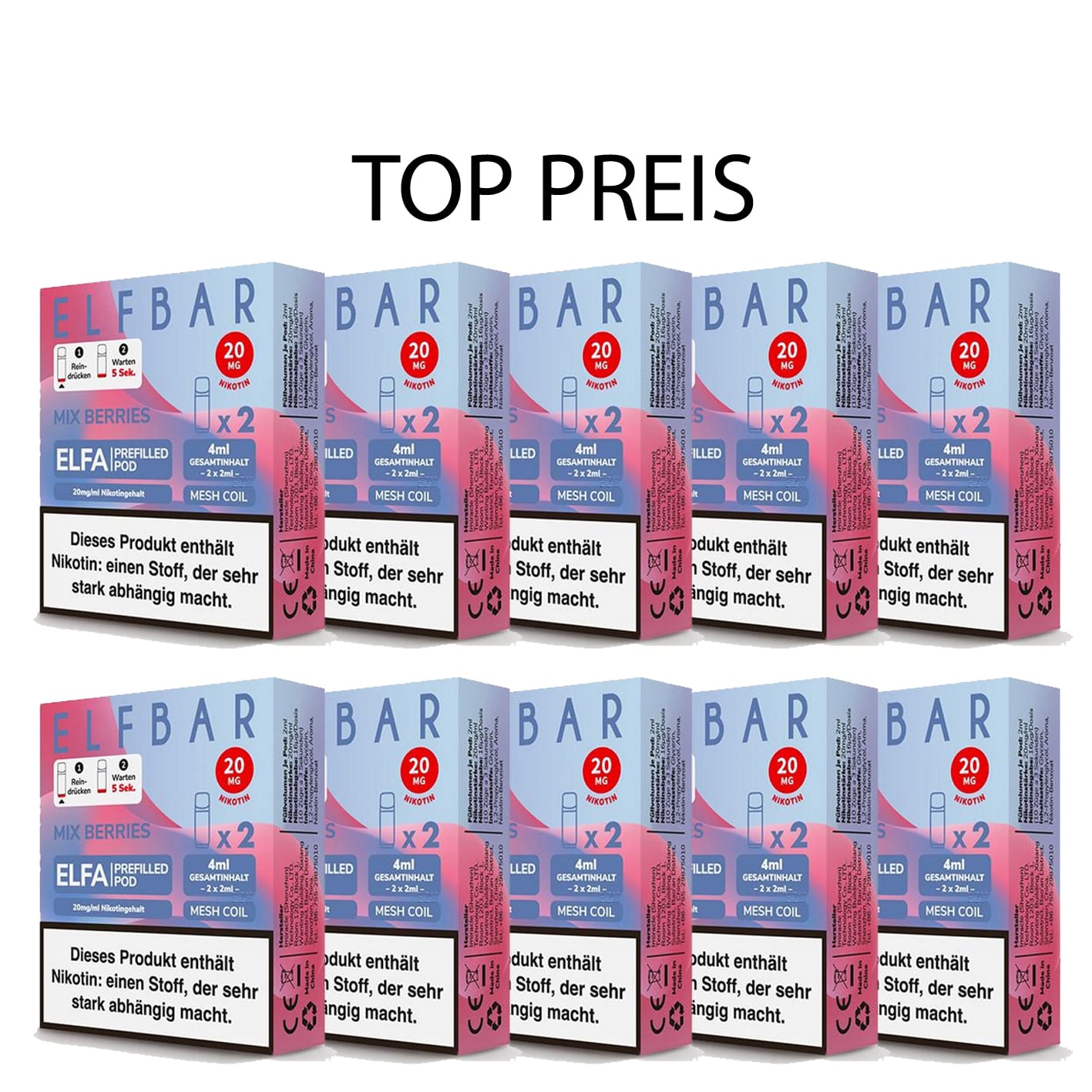 10er Pack E-Liquidpod ELFBAR Elfa Mix Berries 20 mg 2 Pods | 15945 10er Pack E-Liquidpod ELFBAR Elfa Mix Berries 20 mg 2 Pods | 15945