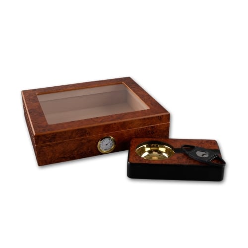 Humidor mit Zubehörset zweiteilig aus Wurzelholz Glas in naturbraun matt 96606