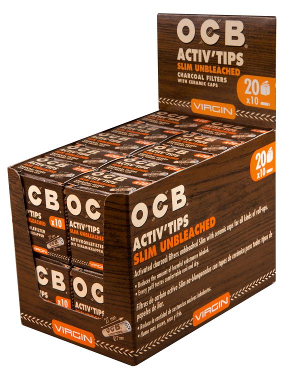 OCB Activ'Tips Slim 7mm – Ungebleichte Aktivfilter braun, 200er Display