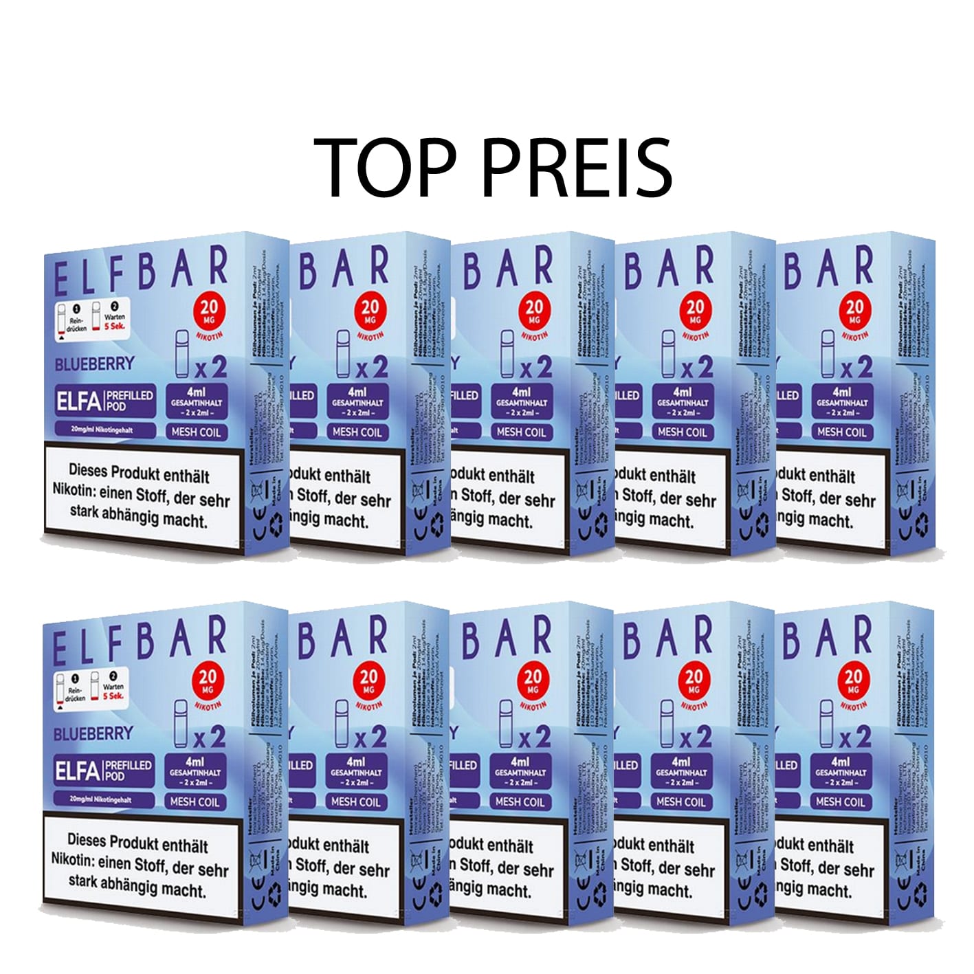 10er Pack E-Liquidpod ELFBAR Elfa Blueberry 20 mg 2 Pods | 15938 10er Pack E-Liquidpod ELFBAR Elfa Blueberry 20 mg 2 Pods | 15938