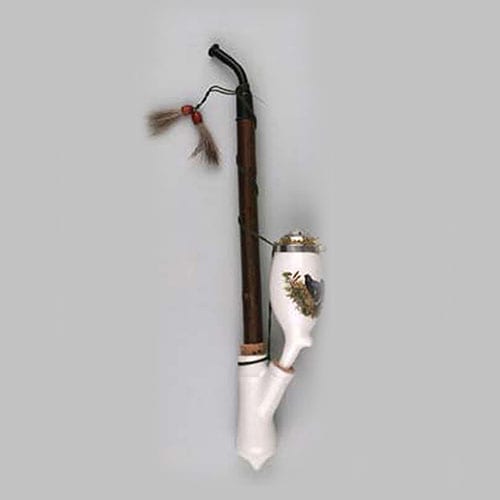 Gesteckpfeife aus Porzellan Palisanderholz in weiss mit Jagdmotiv 35cm 6613