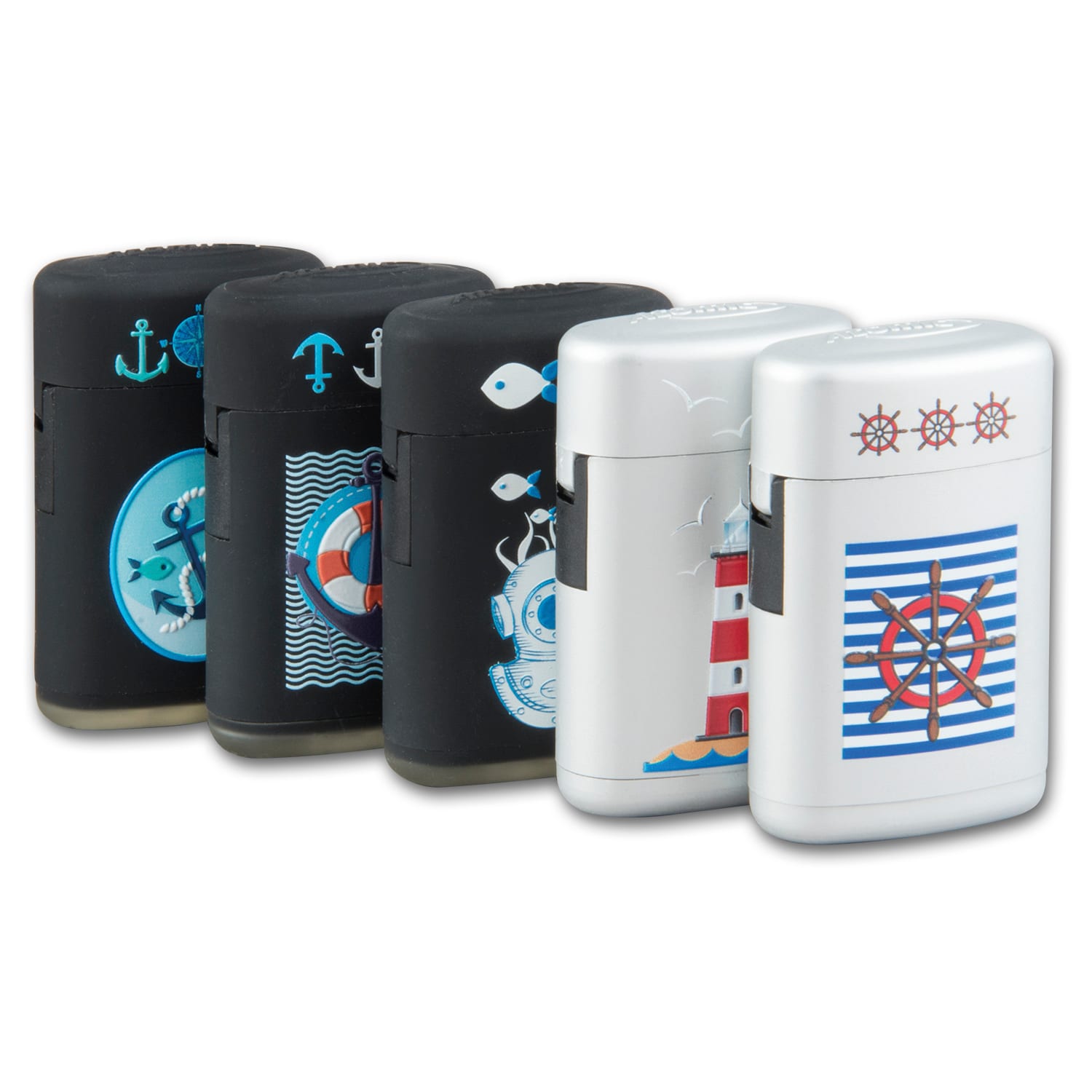 Feuerzeug Jet ATOMIC silber/schwarz Maritim 3D blaue Flamme 33325