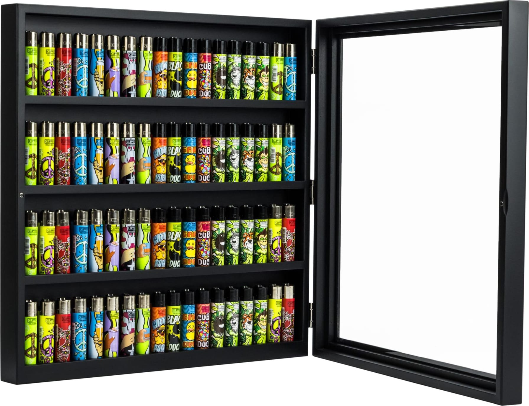 Sammlervitrine Holz schwarz fuer 72 Clipper-Feuerzeuge SW16084