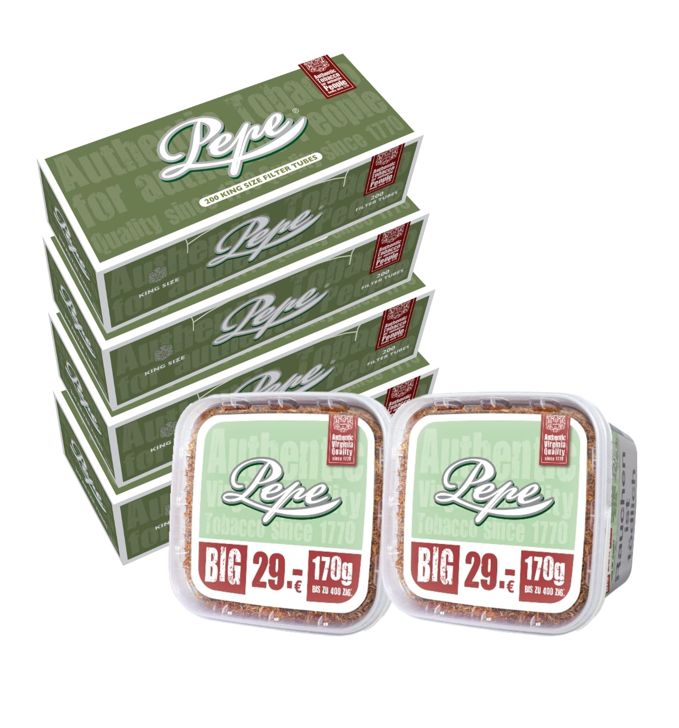 2 x Pepe BRIGHT Volumen Tabak Eimer 170 Gramm & 4 x Schachteln Pepe Hülsen SW16072