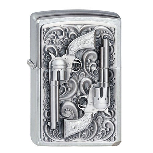 Feuerzeug Zippo Revolver aus Chrom gebürstet in silber seidenmatt mit Emblem 54945