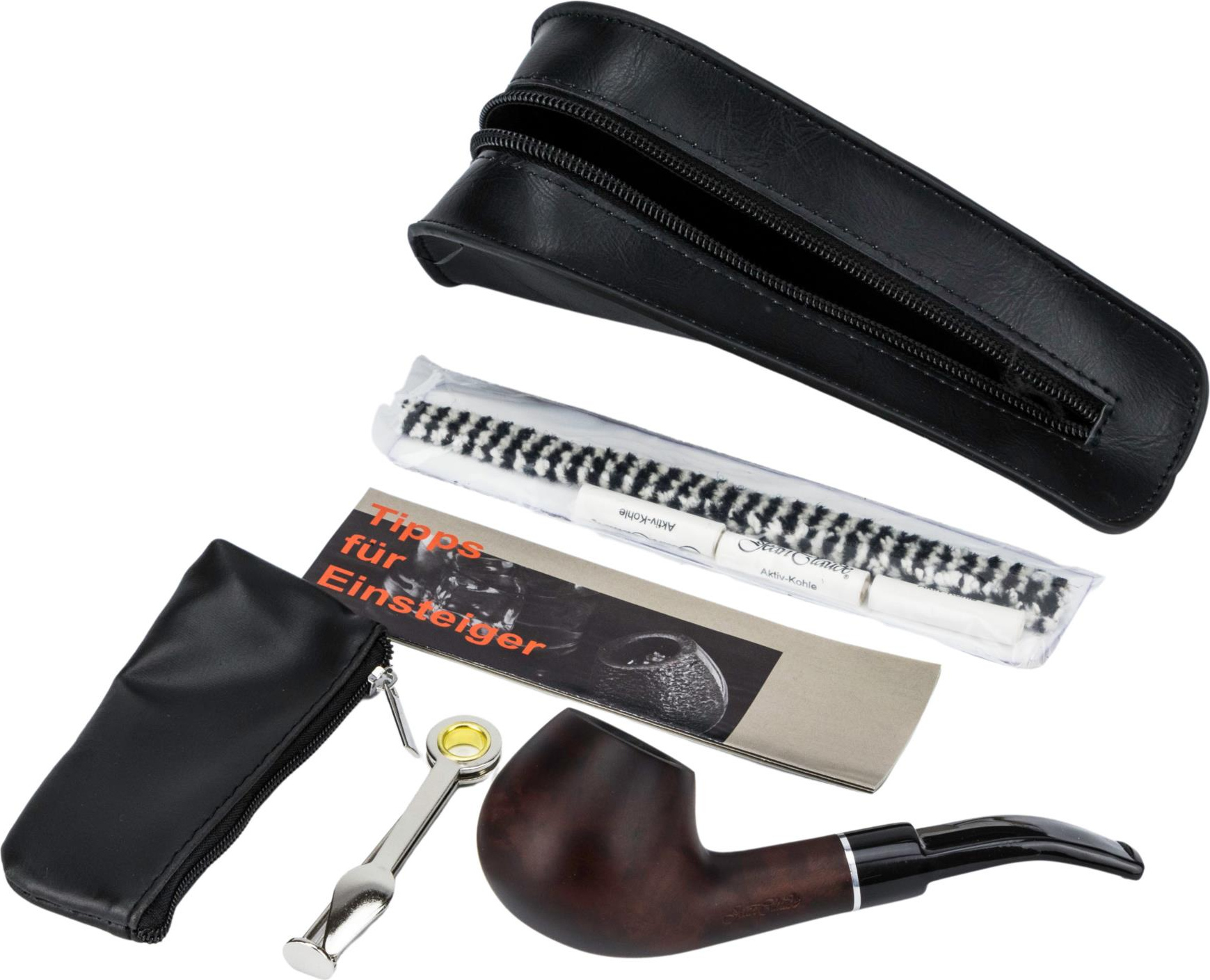 Pfeifen-Einsteigerset Lederopt. schwarz/Pfeife gebogen Acryl 409135