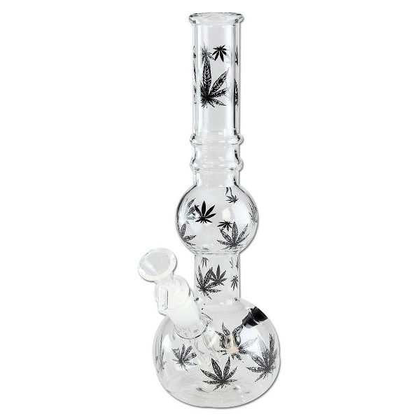 Bong Glas Hanfblätter schwarz 28 cm Ø 95/32 mm Schliff 14,5/18,8 mm 35967