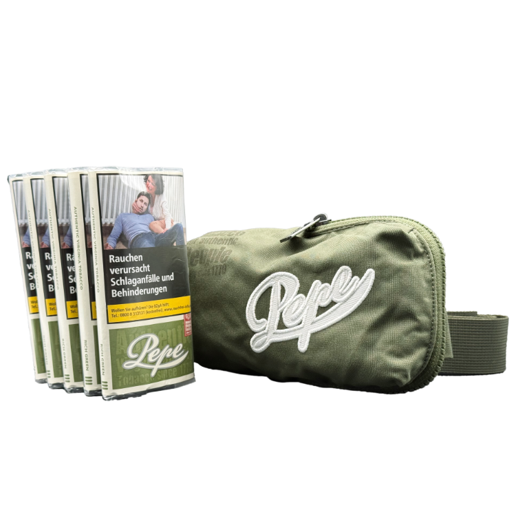 5 x Pouch Pepe Rich Green à 30 Gramm & Pepe Umhängetasche