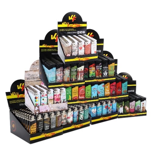 Einwegfeuerzeug Piezo Paket 10 Wuerfel a. 50 Stueck Motive sortiert 96223