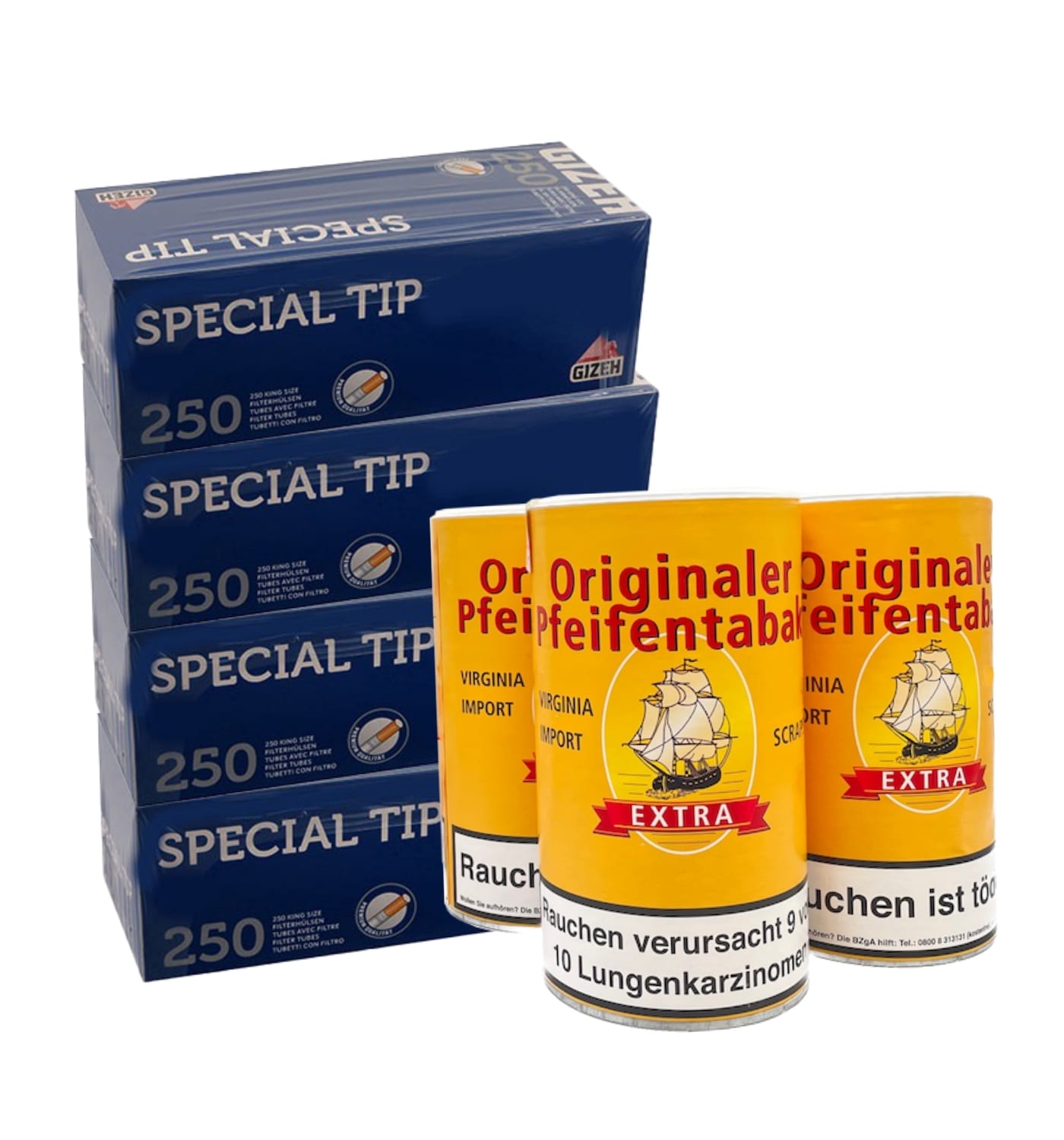 3 Dosen Original Scraps Tabak à 200 Gramm & 1.000 Special Tip Hülsen Blau SW15681