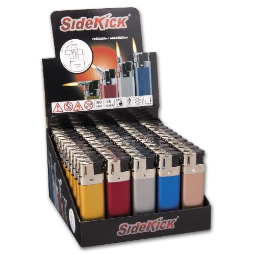 Einwegfeuerzeug Piezo SIDEKICK metallic sortiert 50 Stueck 33165