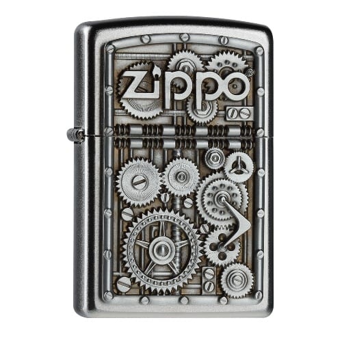 Feuerzeug Zippo Gear Wheels aus Chrom satiniert in silber seidenmatt mit Emblem 93929