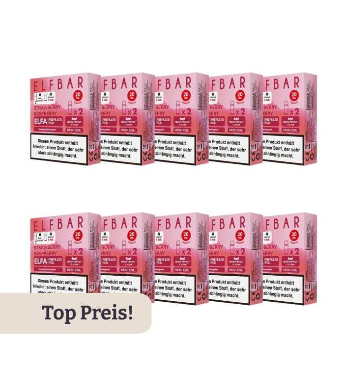 10er Pack E-Liquidpod ELFBAR Elfa Strawberry Raspberry 20 mg 2 Pods | 5036211 10er Pack E-Liquidpod ELFBAR Elfa Strawberry Raspberry 20 mg 2 Pods | 5036211