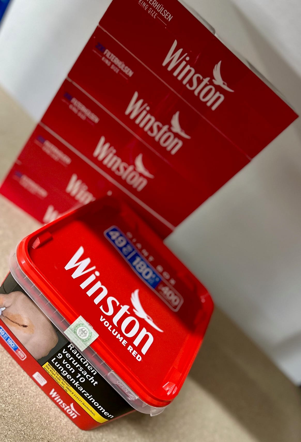 1 x Eimer Winston Red Giant Box 165 Gramm  & 1.000 Winston Kingsize Hülsen SW16388