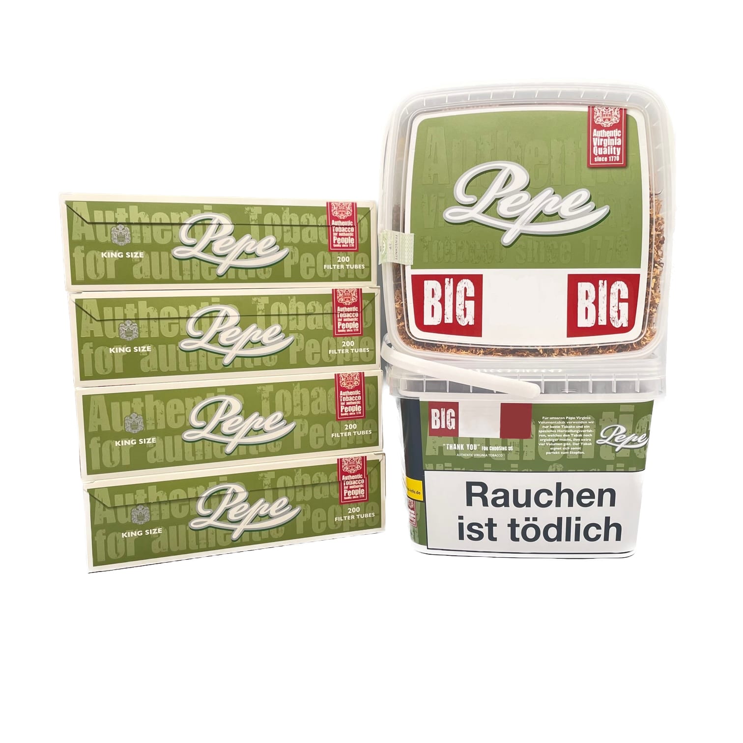 2 x Pepe Rich Volumen Tabak Eimer 170 Gramm & 4 x Schachteln Pepe Hülsen SW15718