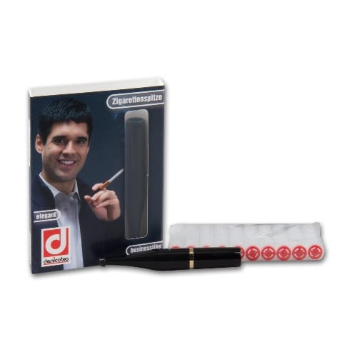 Zigarettenspitze Denicotea Standard Slimline aus Kunststoff in schwarz gold mit 10 Filtern 86218