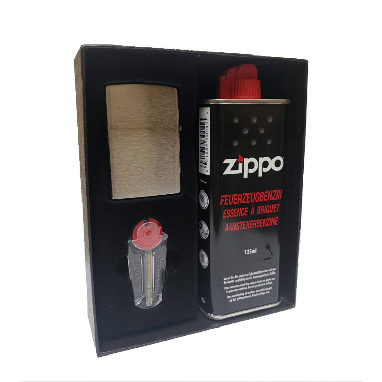 ZIPPO Set: Feuerzeug Chrom gebürstet + Benzin + Feuerstein – in Geschenkverpackung SW17129