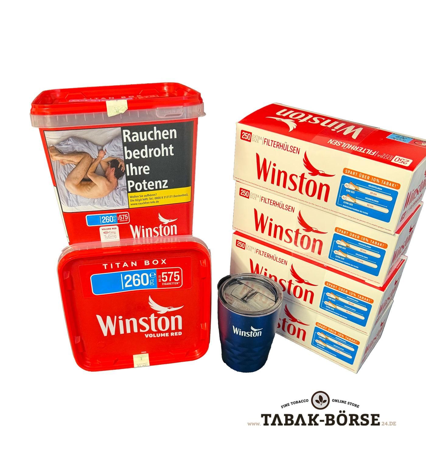 2 xWinston Red Titan Box 260 Gramm & 1.000 Winston Extra Hülsen & 1 x Tee Becher