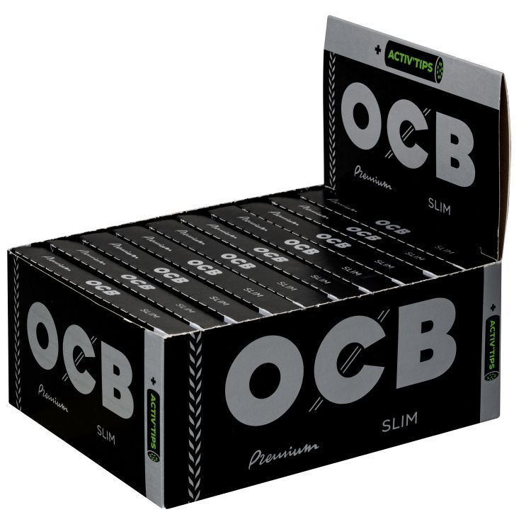OCB Premium Schwarz Long Slim 20×32 Blatt + 8 Activ'Tips 7mm Display