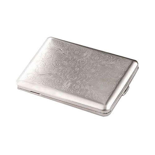 Zigarettenetui 18er 100 mm mit Innengummizug aus Metall vernickelt in silber glänzend mit Dekor 58344