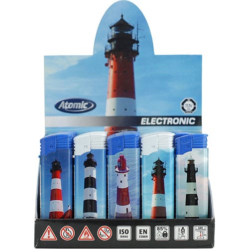 Feuerzeug Einweg Atomic Electronic aus Kunststoff mit Leuchtturmmotiv 50 Stück 83638