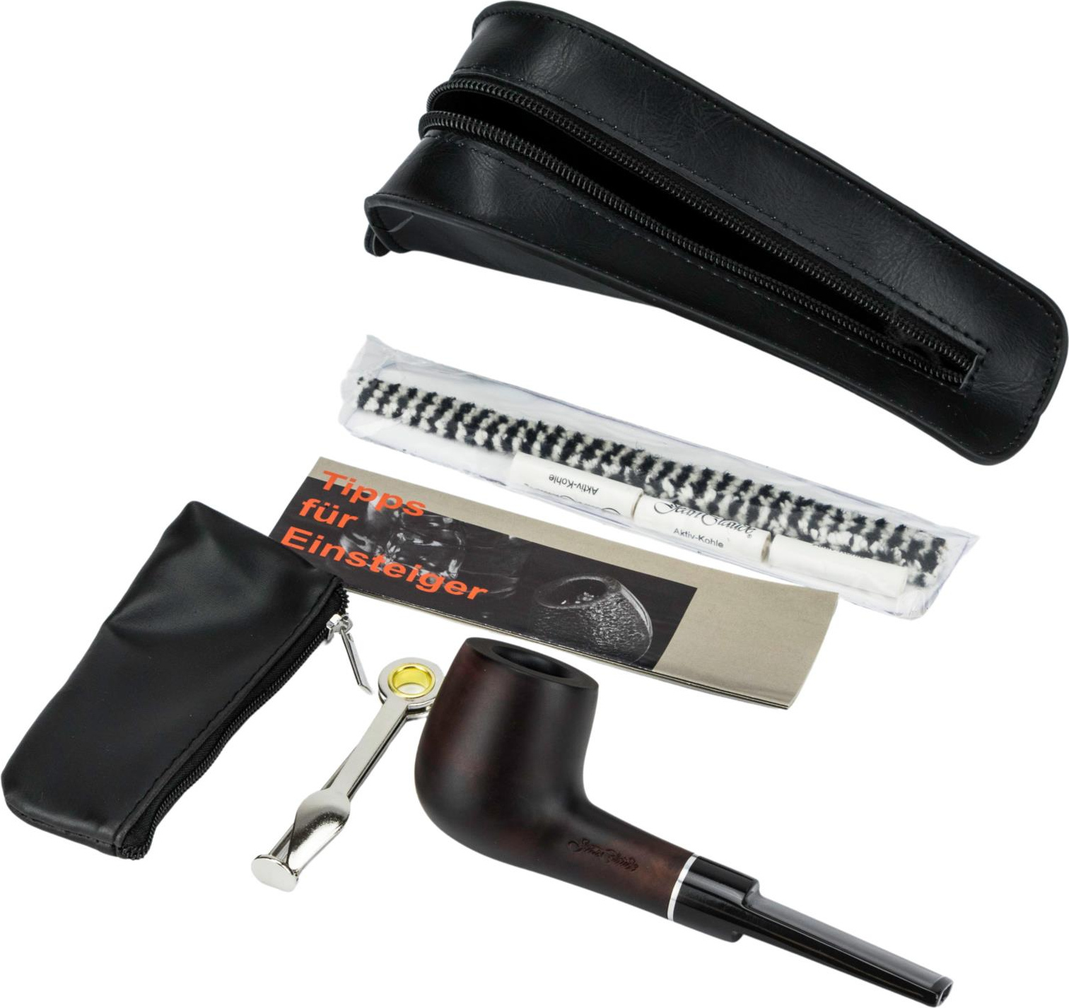 Pfeifen-Einsteigerset Lederopt. schwarz/Pfeife gerade Acryl 409137