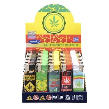 Einwegfeuerzeug Turbo ATOMIC Green Leaf Steller mit 50 Stück 79783