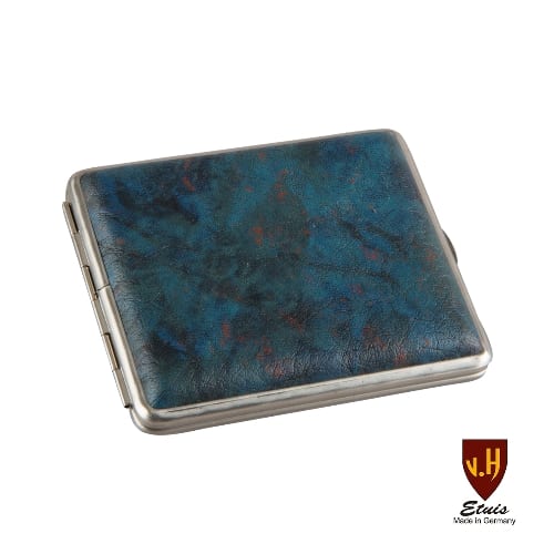 Zigarettenetui 18er mit Innengummizug aus Metall Kunstlederummantelung in blau silber 84459