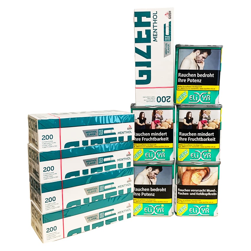 5 x Dosen ELIXYR+ à 102 Gramm Green Tabak & 1000 Gizeh Menthol Zigarettenhülsen SW13269
