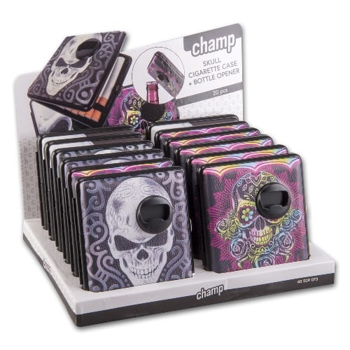 Zigarettenetui Kunstleder 20er CHAMP Skull mit FlaschenÂoeffner 35565