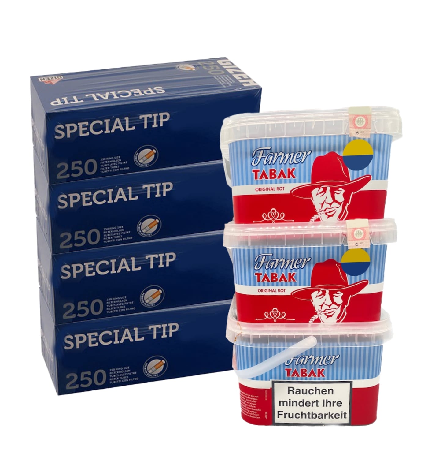 3 x Eimer Farmer Tabak 240 Gramm & 1.000 Special Tip Hülsen Blau SW15674
