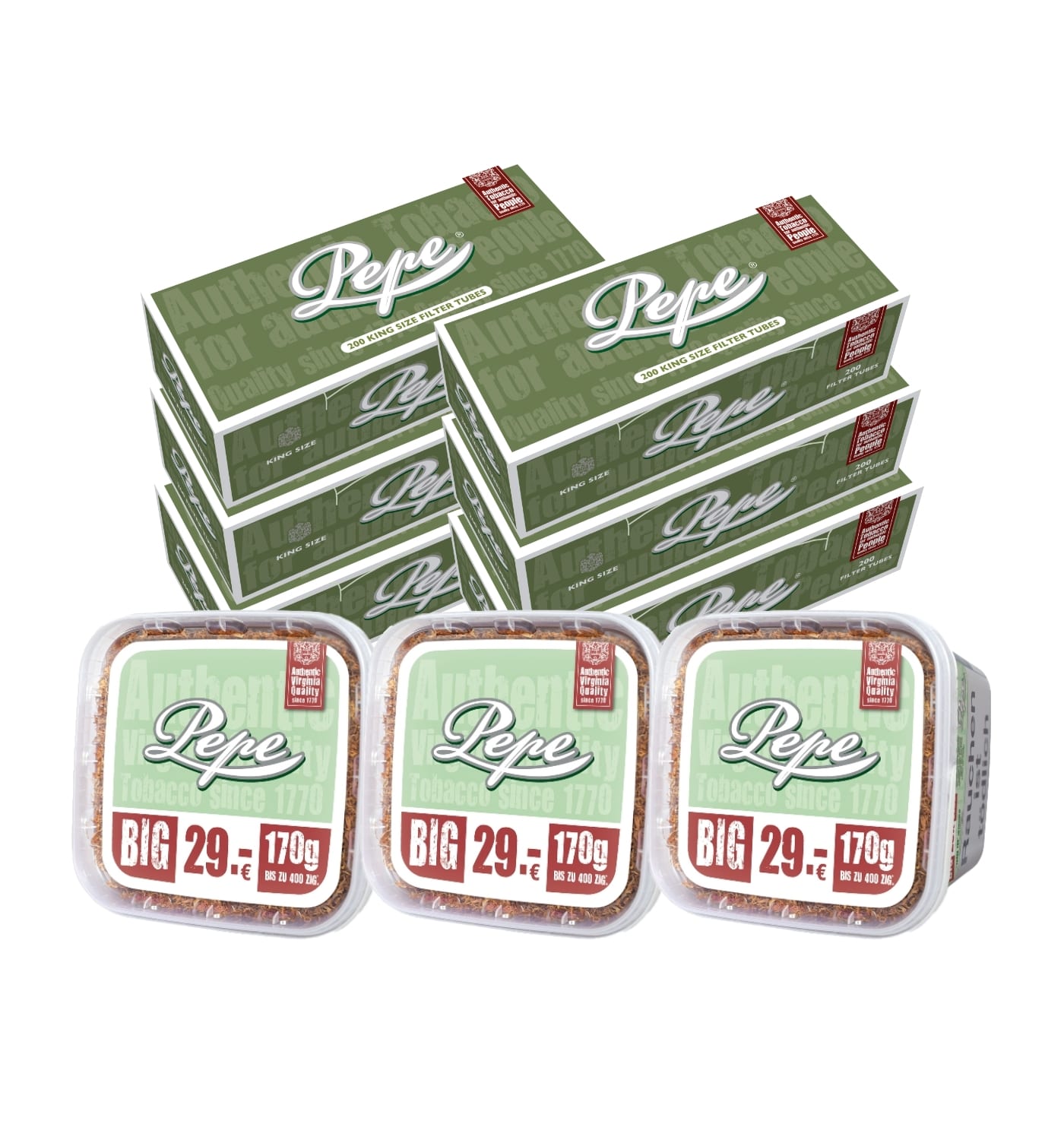 3 x Pepe BRIGHT Volumen Tabak Eimer 170 Gramm & 6 x Schachteln Pepe Hülsen SW16071
