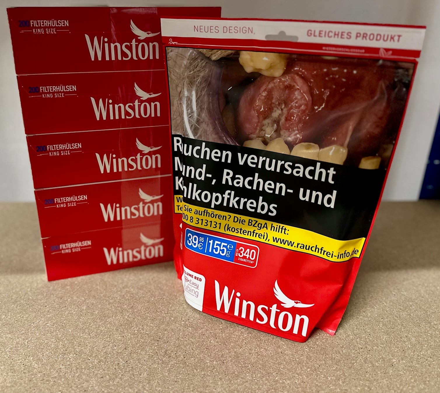 1 x Winston Red NF Beutel 195 Gramm & 1.000 Winston Kingsize Hülsen SW16387