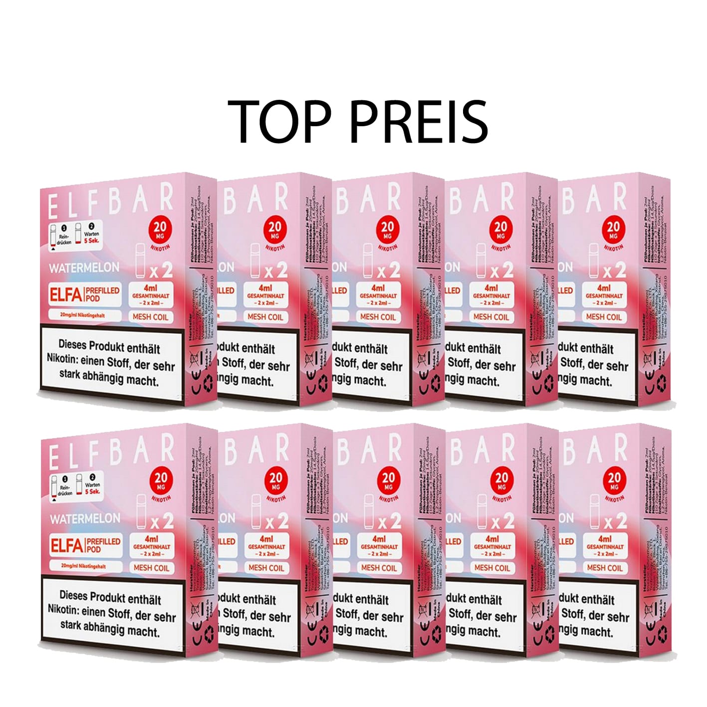 10er Pack E-Liquidpod ELFBAR Elfa Watermelon 20 mg 2 Pods | 15941 10er Pack E-Liquidpod ELFBAR Elfa Watermelon 20 mg 2 Pods | 15941