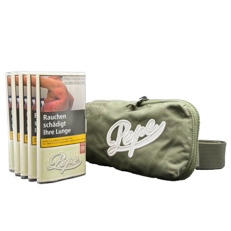 5 x Pouch Pepe Fine Green à 30 Gramm & Pepe Umhängetasche