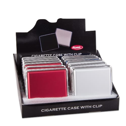 Zigarettenetui Alu 20er ATOMIC 4 Farben sortiert Metallspange 31382