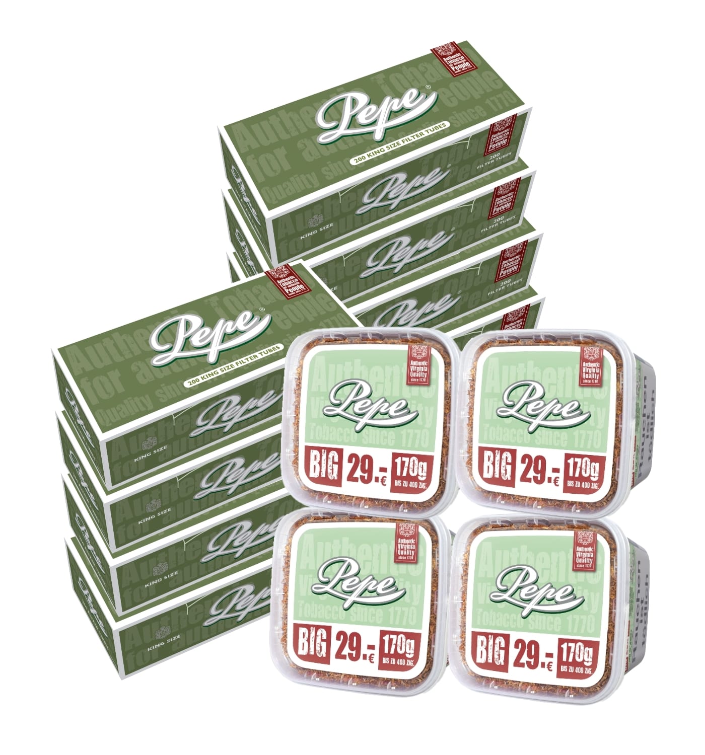 4 x Pepe BRIGHT Volumen Tabak Eimer 170 Gramm & 8 x Schachteln Pepe Hülsen SW16074