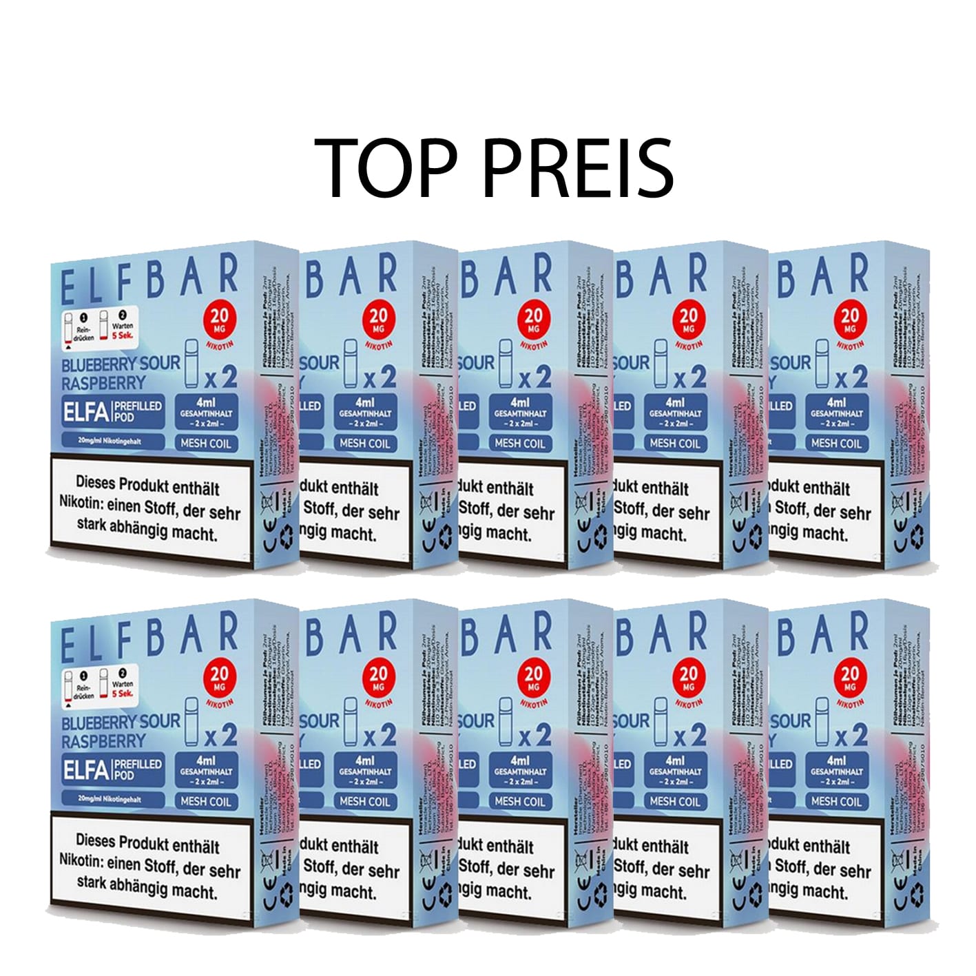 10er Pack E-Liquidpod ELFBAR Elfa Blueberry Sour Raspberry 20 mg 2 Pods | 15937 10er Pack E-Liquidpod ELFBAR Elfa Blueberry Sour Raspberry 20 mg 2 Pods | 15937