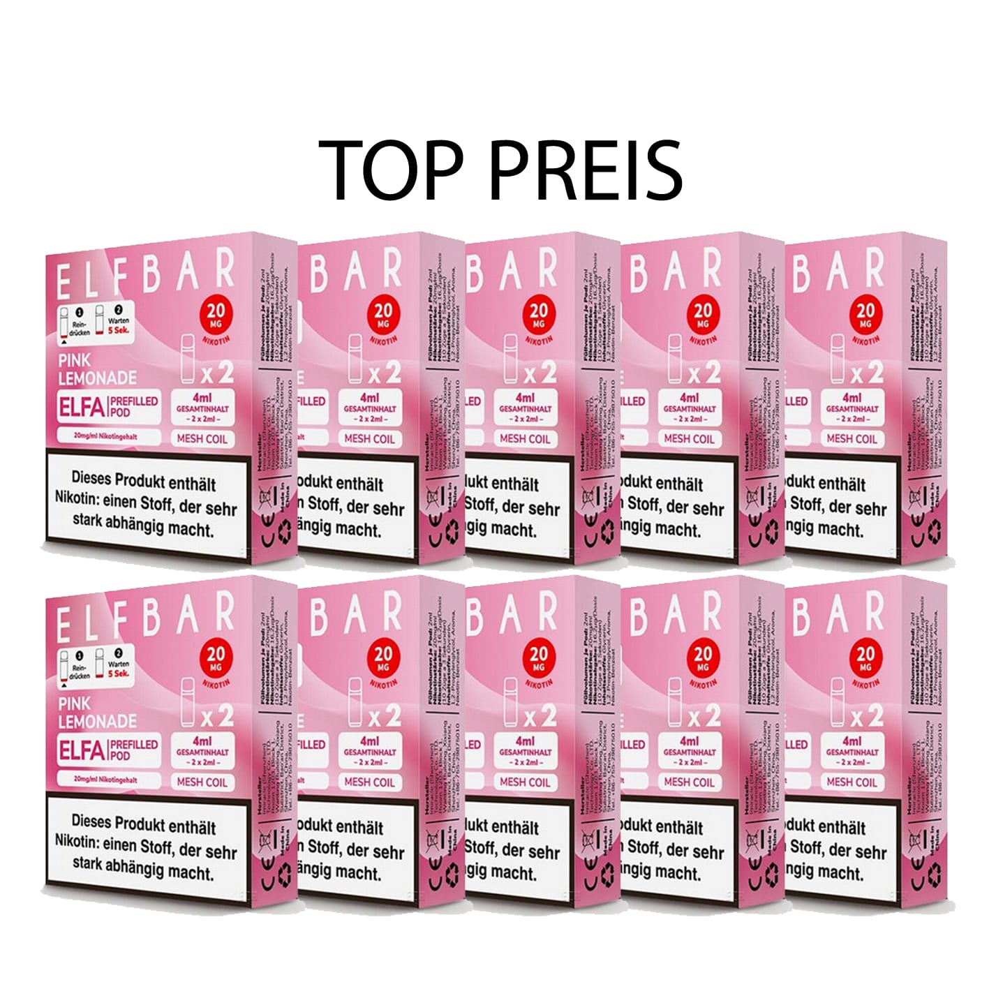 10er Pack E-Liquidpod ELFBAR Elfa Pink Lemonade 20 mg 2 Pods | 15939 10er Pack E-Liquidpod ELFBAR Elfa Pink Lemonade 20 mg 2 Pods | 15939