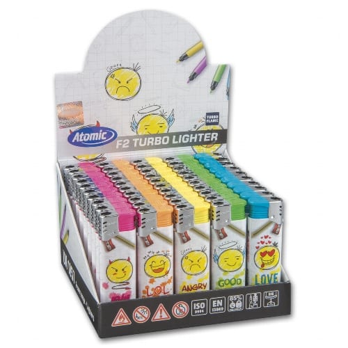 Einwegfeuerzeug Turbo ATOMIC Emoijs sortiert Steller mit 50 Stueck 89444