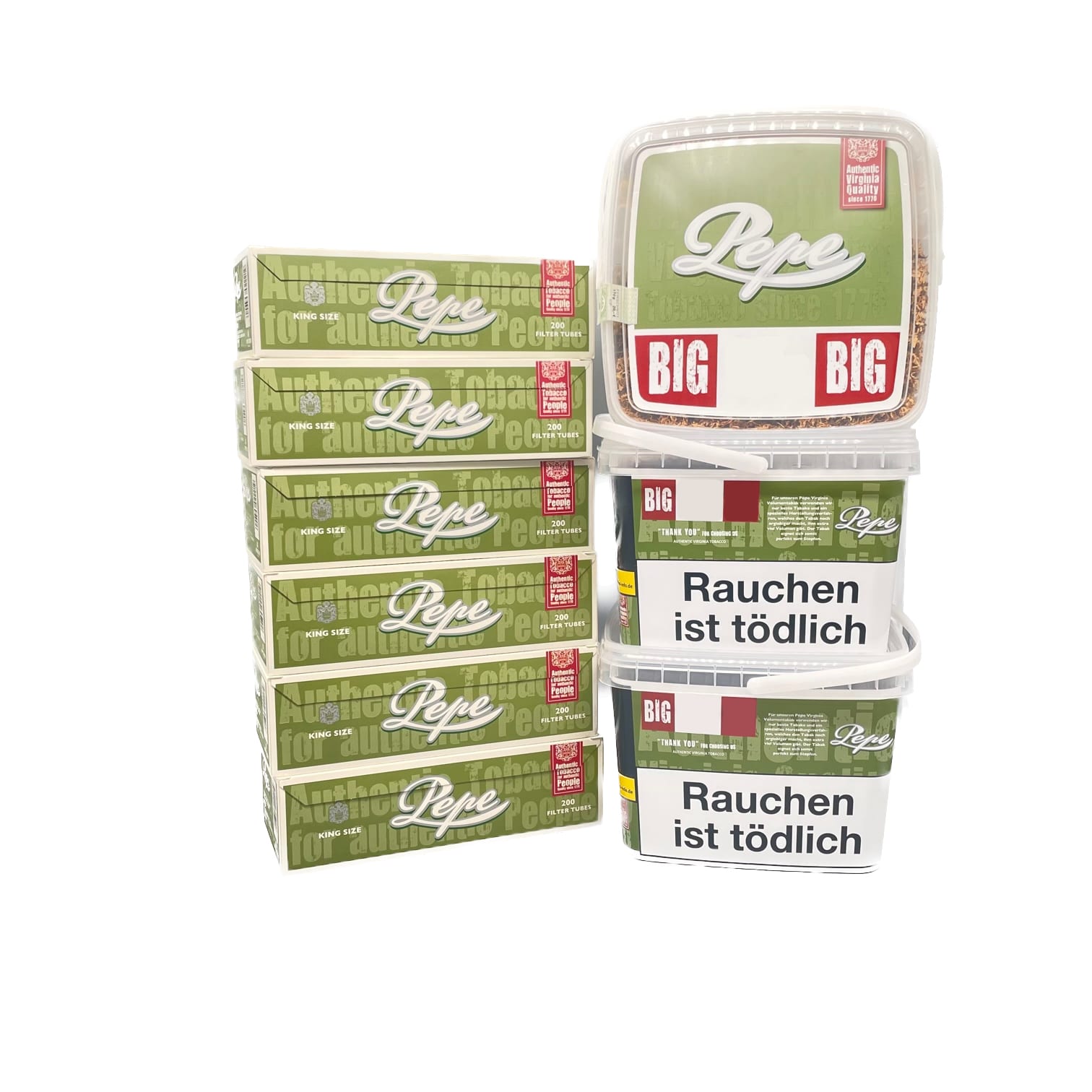 3 x Pepe Rich Volumen Tabak Eimer 170 Gramm & 6 x Schachteln Pepe Hülsen SW15719