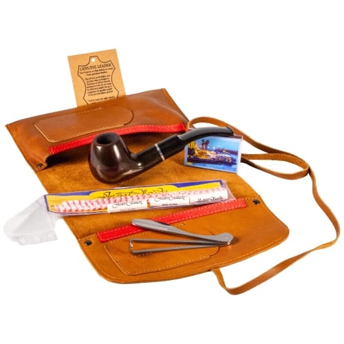 Pfeife Einsteigerset JEAN CLAUDE braun gebogen/Rollbeutel Leder braun 36002