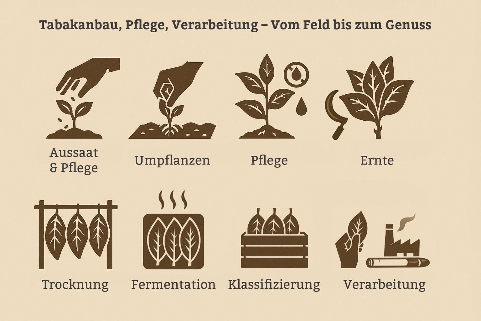 Grafische Darstellung des Tabakanbauprozesses: Von der Aussaat bis zur Verarbeitung. Die Infografik zeigt acht Schritte – Aussaat & Pflege, Umpflanzen, Pflege, Ernte, Trocknung, Fermentation, Klassifizierung und Verarbeitung – jeweils mit einem passenden Symbol. Ideal zur Veranschaulichung der einzelnen Phasen im Tabakanbau und der Weiterverarbeitung.