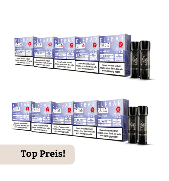 10er Pack E-Liquidpod ELFBAR Elfa Grape ICE 20 mg 2 Pods