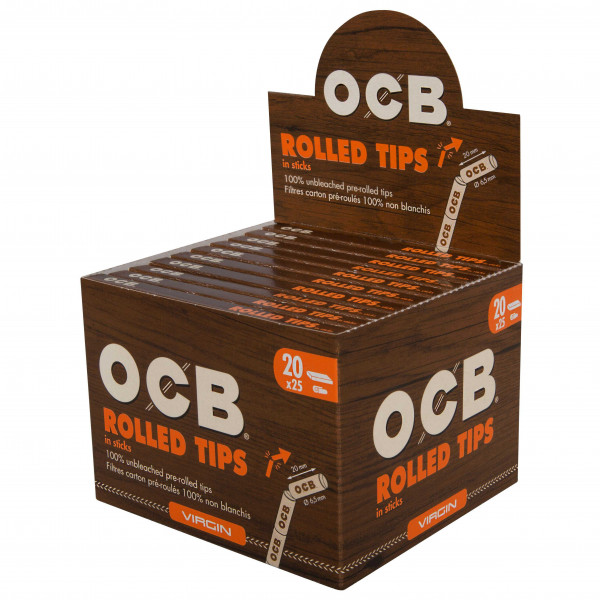 OCB Virgin Unbleached Rolled Tips – 20 Packungen à 25 Tips (Display)