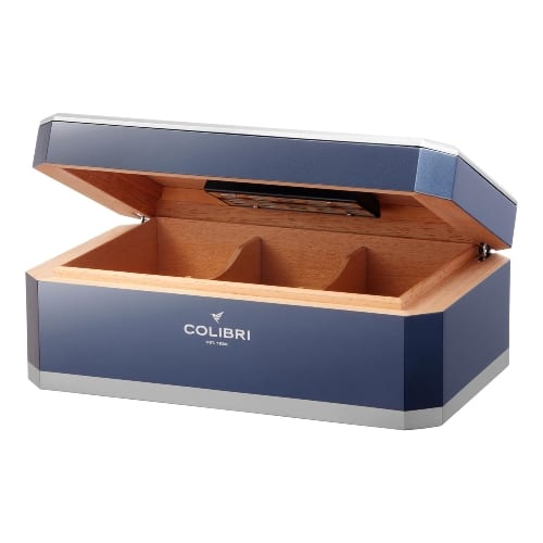 Humidor COLIBRI "Rally" blau/silber H15,5 x B40 x T26cm 100-125 C.